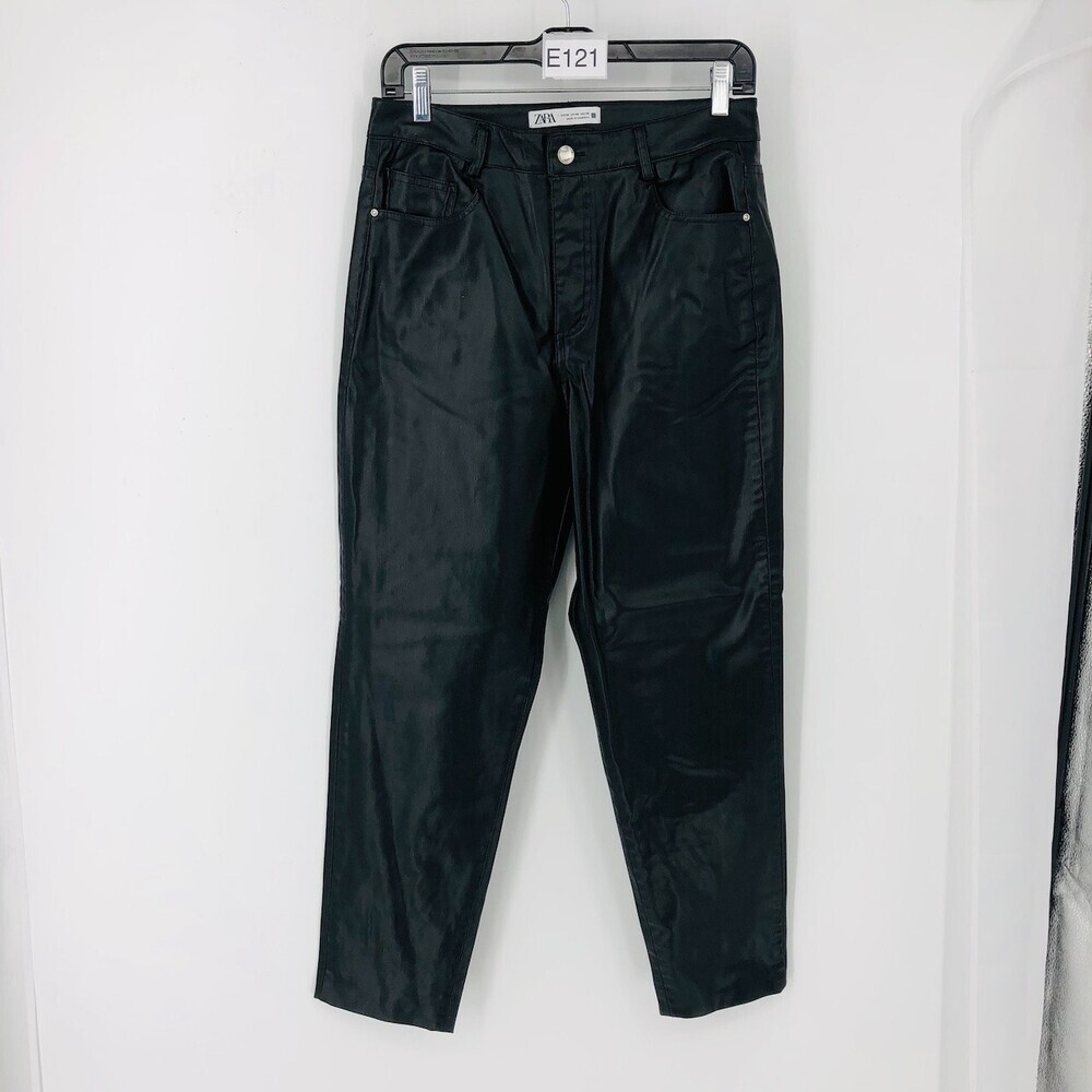 Zara Women Black 5-Pocket Flat Front High-Rise Tapered Vegan Leather Pant Size 6